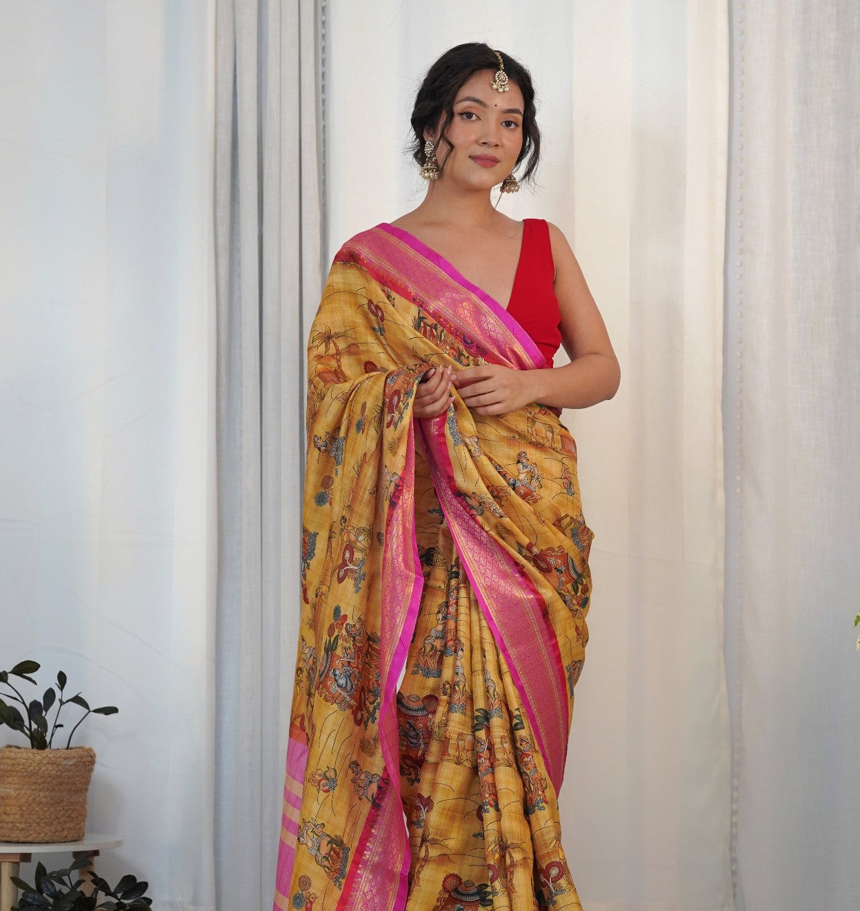 Honey Yellow Printed Silk Saree
