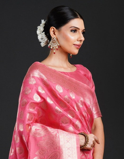 Hot Pink Woven Banarasi Silk Saree
