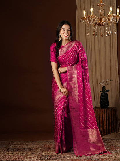 Hot Pink Woven Kanjivaram Silk Saree