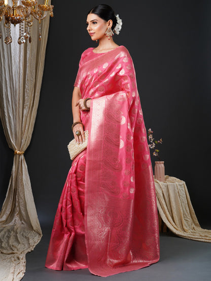 Hot Pink Woven Banarasi Silk Saree