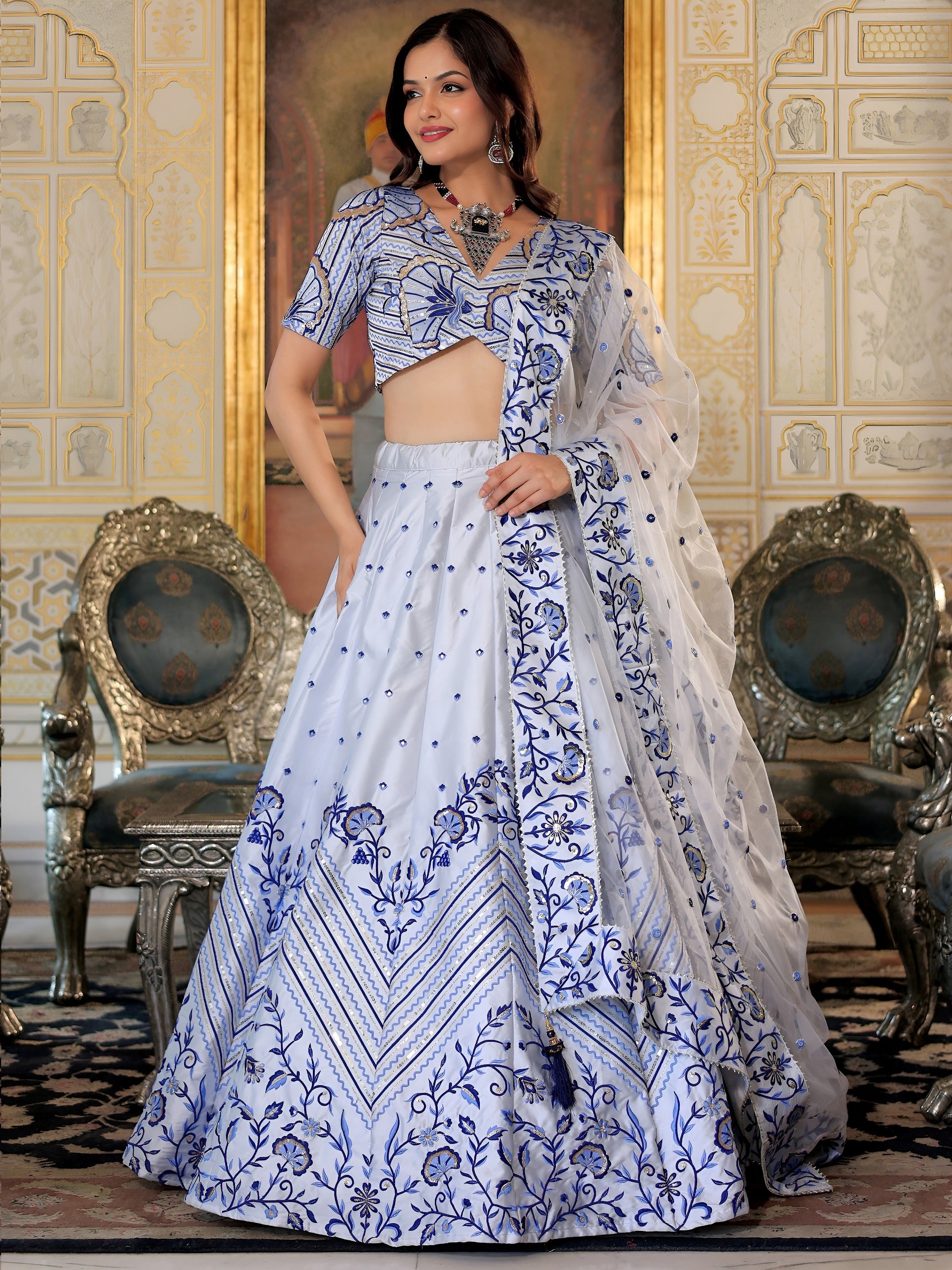 WHITE & BLUE LEHENGA CHOLI