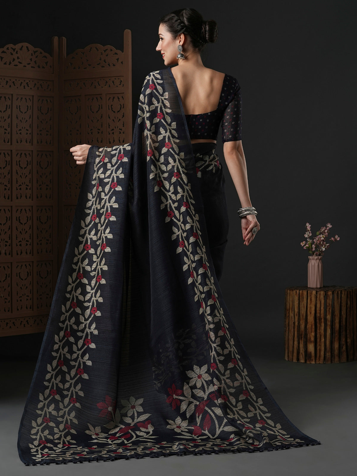 Ink Black Printed cotton Saree