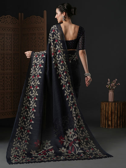 Ink Black Printed cotton Saree