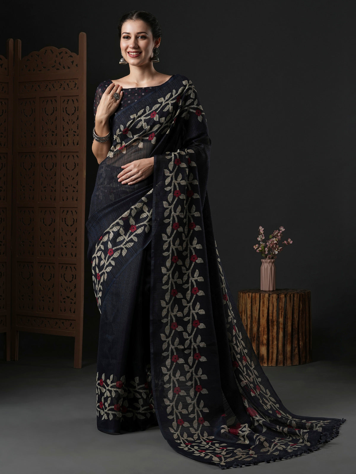 Ink Black Printed cotton Saree