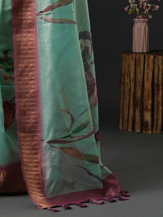Juniper Green Floral Organza Saree