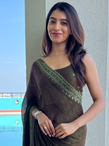 Juniper Green Nylon Sequin Embroidered Saree