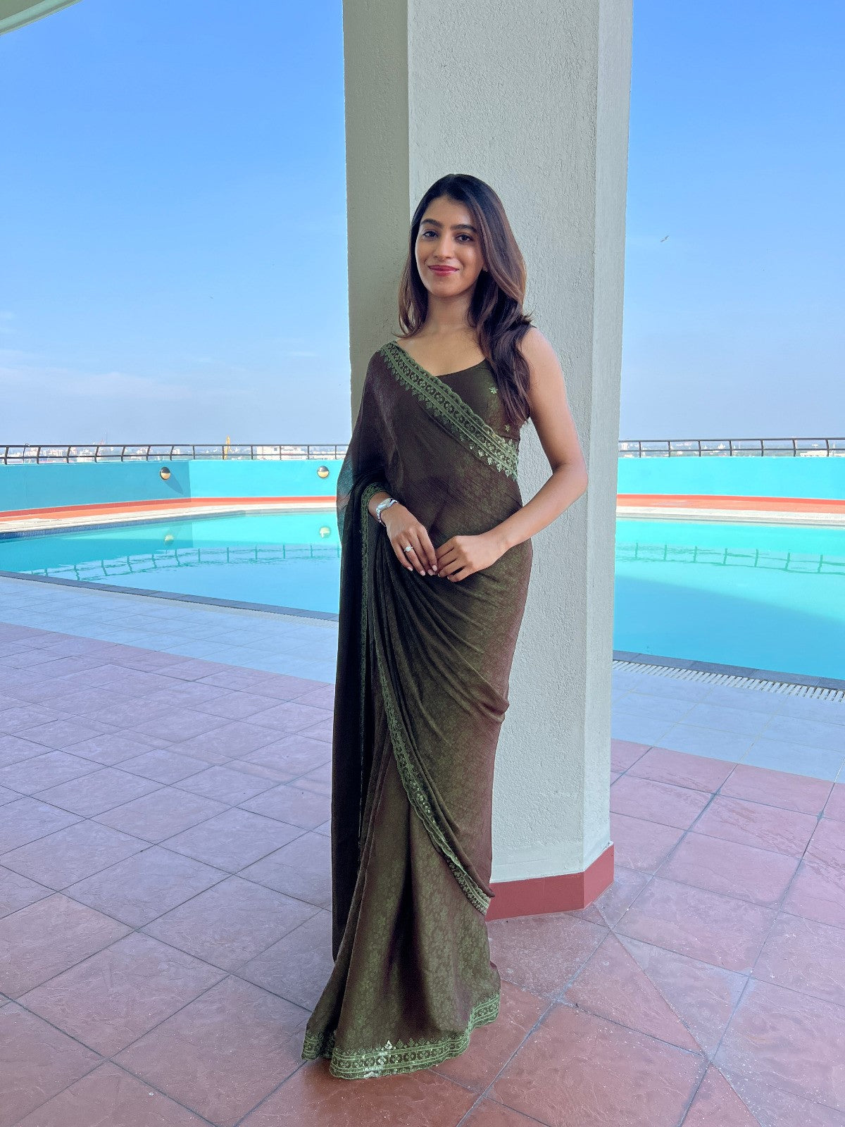 Juniper Green Nylon Sequin Embroidered Saree
