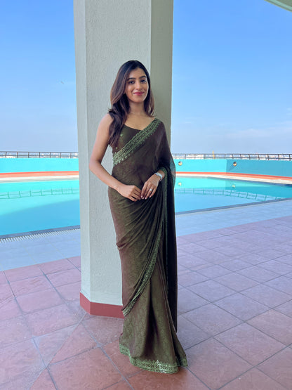 Juniper Green Nylon Sequin Embroidered Saree