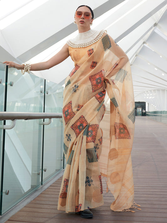 Latte Yellow Woven Tissue Silk Saree