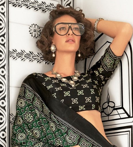 Leaf Green Printed Crepe Saree
