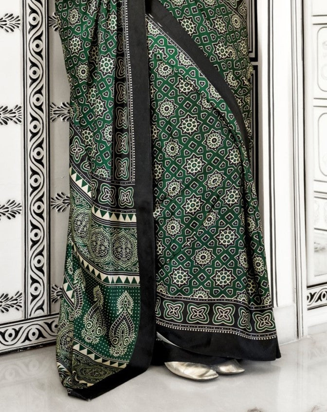 Leaf Green Printed Crepe Saree