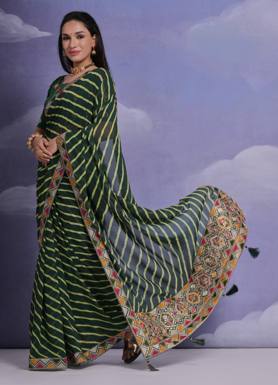 Leaf Green Leheriya Georgette Saree