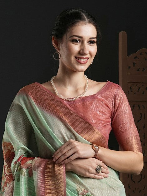 Light Green Floral Organza Saree
