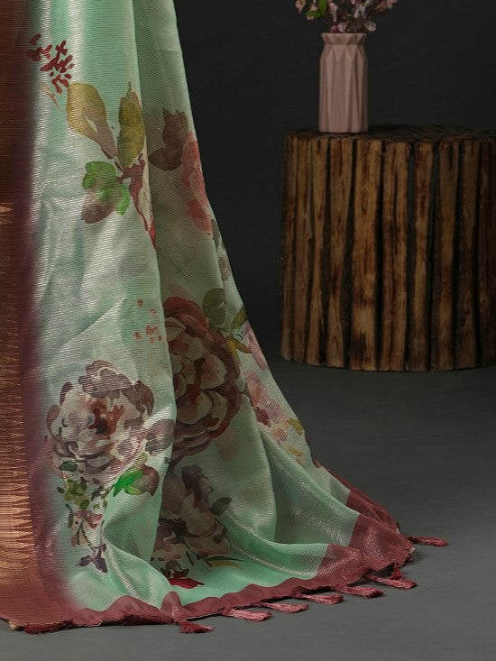 Light Green Floral Organza Saree