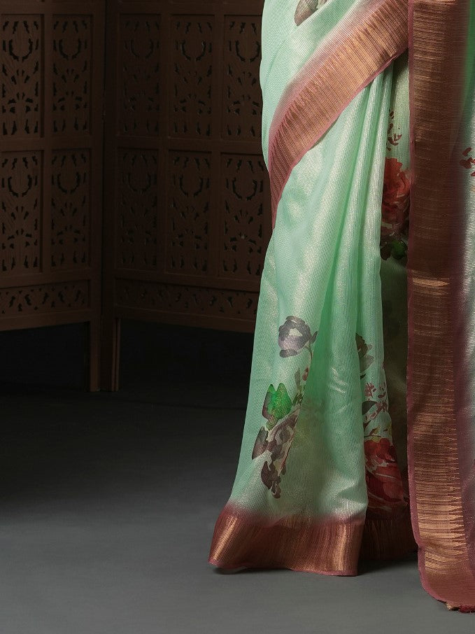 Light Green Floral Organza Saree