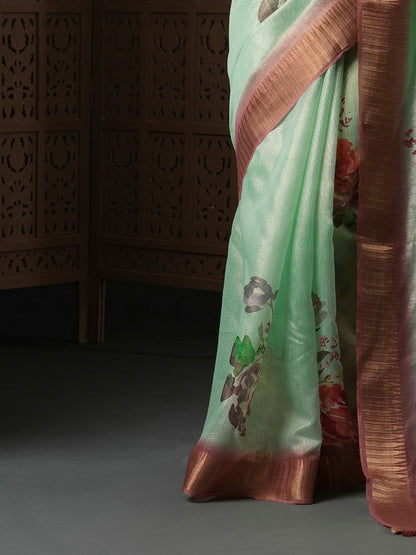 Light Green Floral Organza Saree