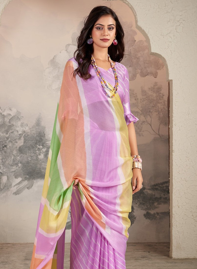 Lilac Printed Chiffon Leheriya Saree