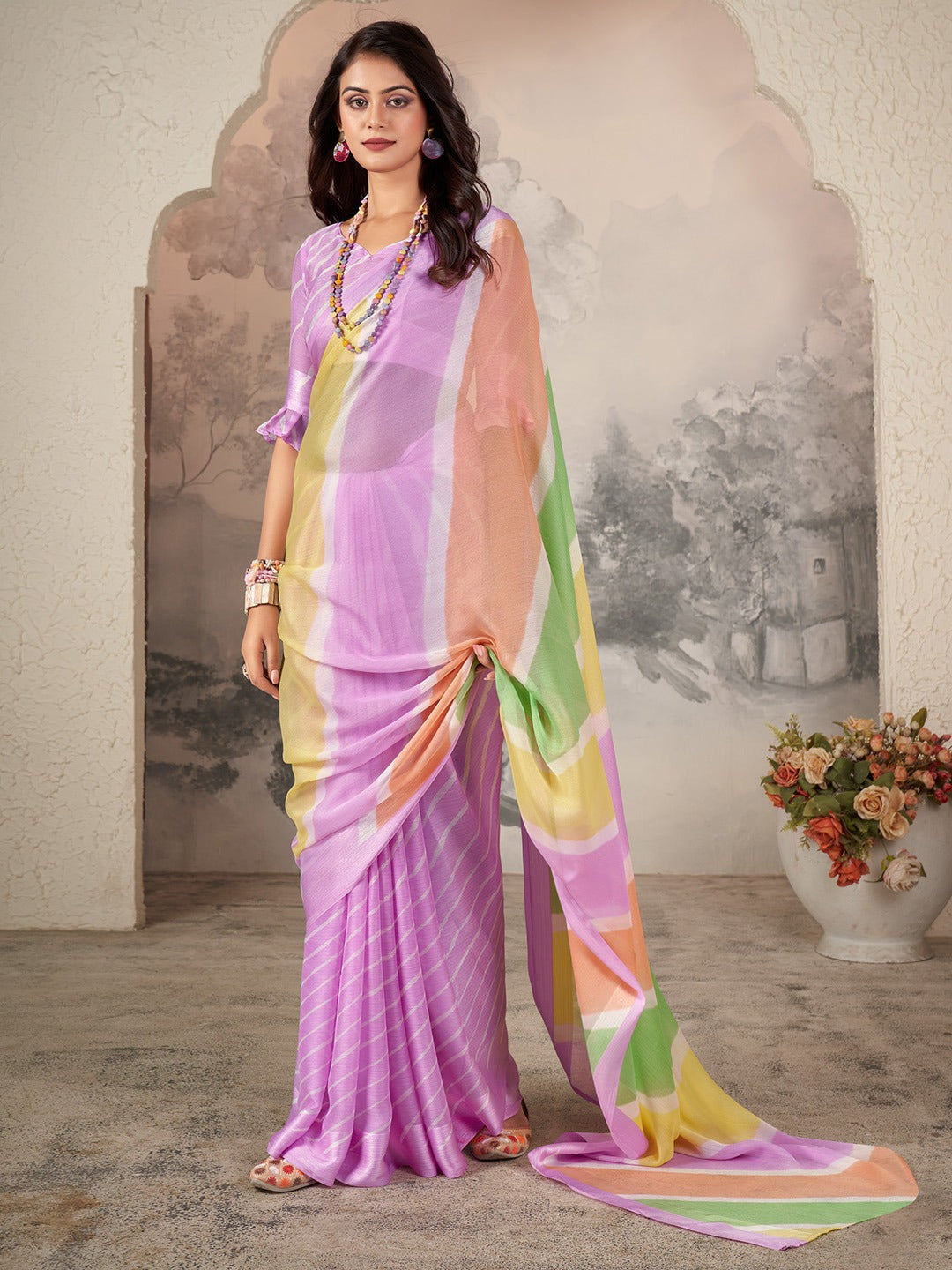Lilac Printed Chiffon Leheriya Saree