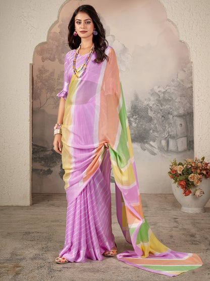 Lilac Printed Chiffon Leheriya Saree