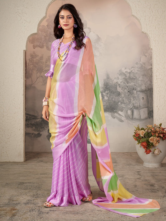 Lilac Printed Chiffon Leheriya Saree