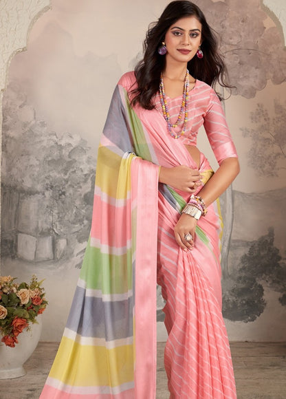Lotus Pink Printed Chiffon Leheriya Saree