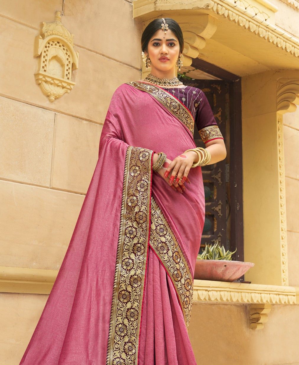 Lotus Pink Vichitra Silk Silk Saree