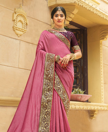 Lotus Pink Vichitra Silk Silk Saree