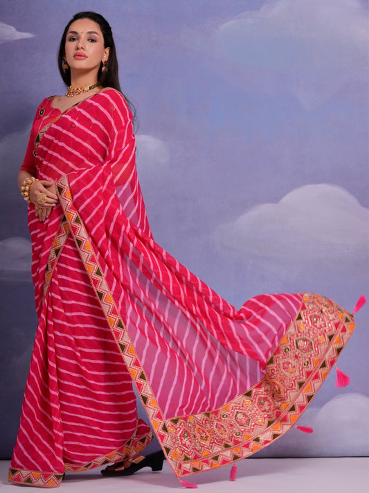 Magenta Pink Leheriya Georgette Saree