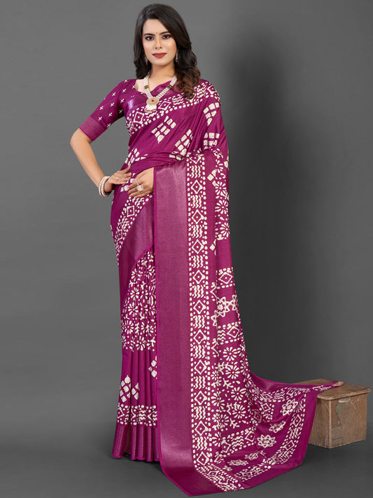 Magenta Violet Printed Dola Silk Saree