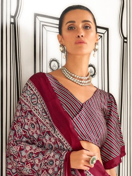 Maroon Printed Crepe Saree