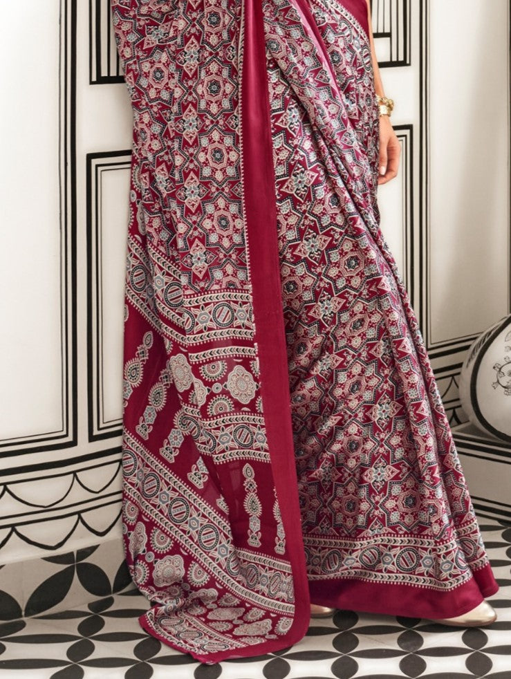 Maroon Printed Crepe Saree