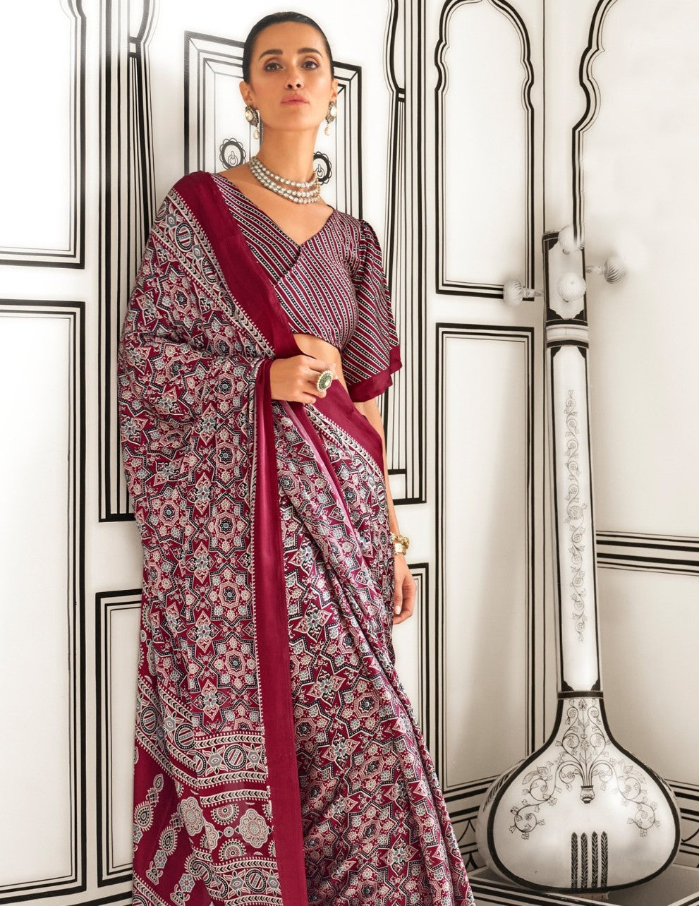Maroon Printed Crepe Saree