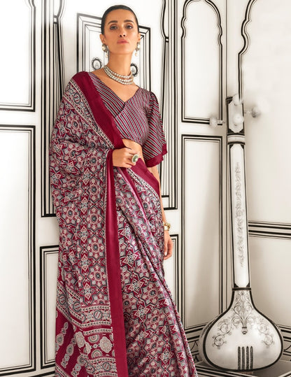 Maroon Printed Crepe Saree