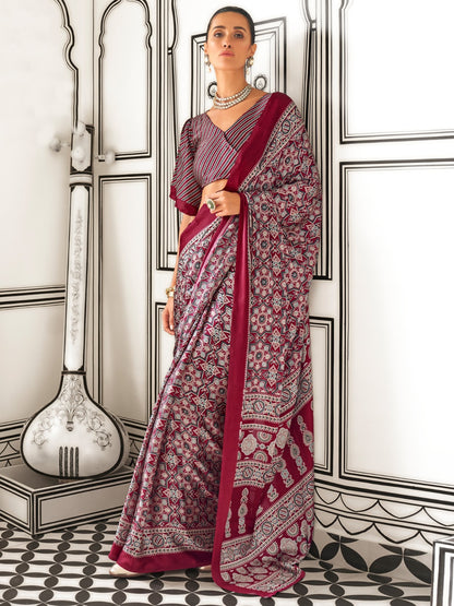 Maroon Printed Crepe Saree