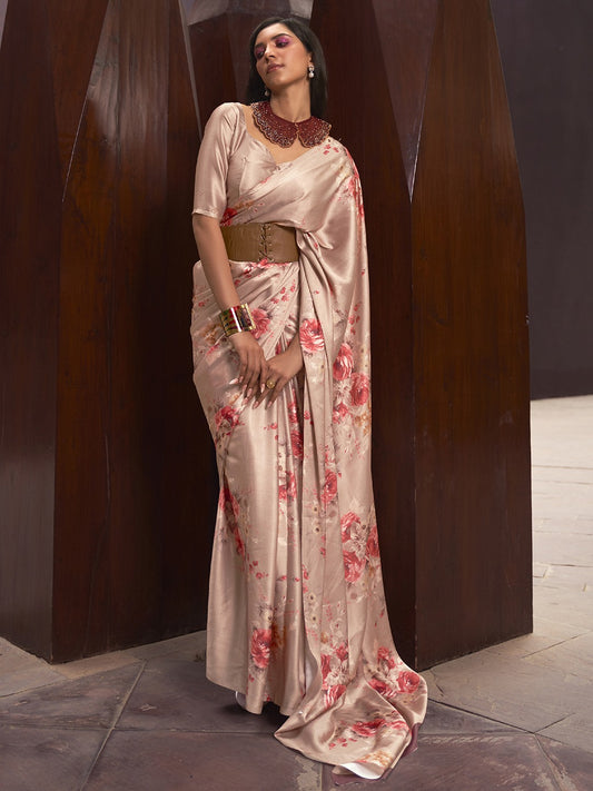 Metal Brown Printed satin Silk Saree