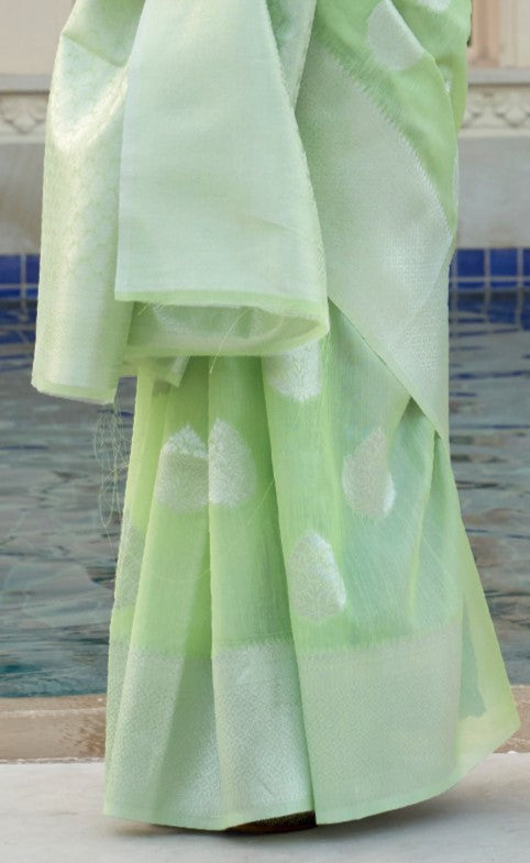 Mint Green Woven Banarasi Pure Linen Saree