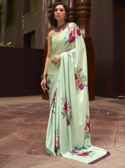 Mint Green Printed Satin Silk Saree