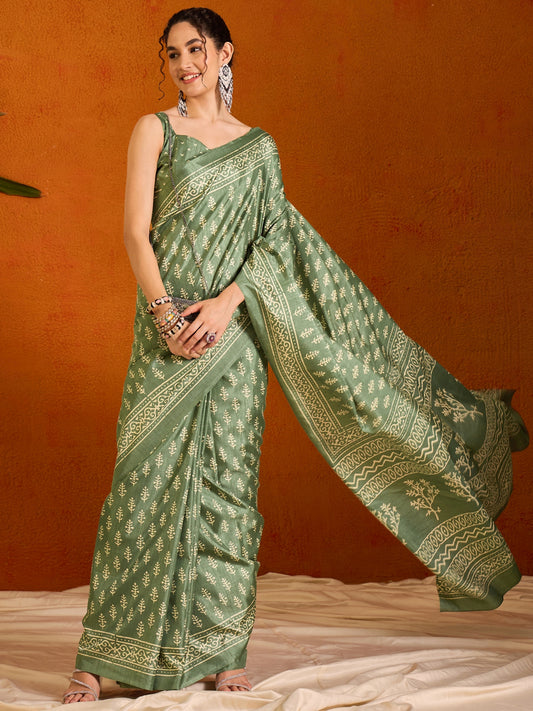 Moss Green Printed Bagh Cotton Saree
