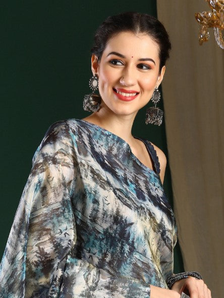 Blue Shade Abstract Organza Saree