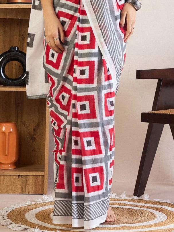 Multicolor Printed Cotton Ikat Saree