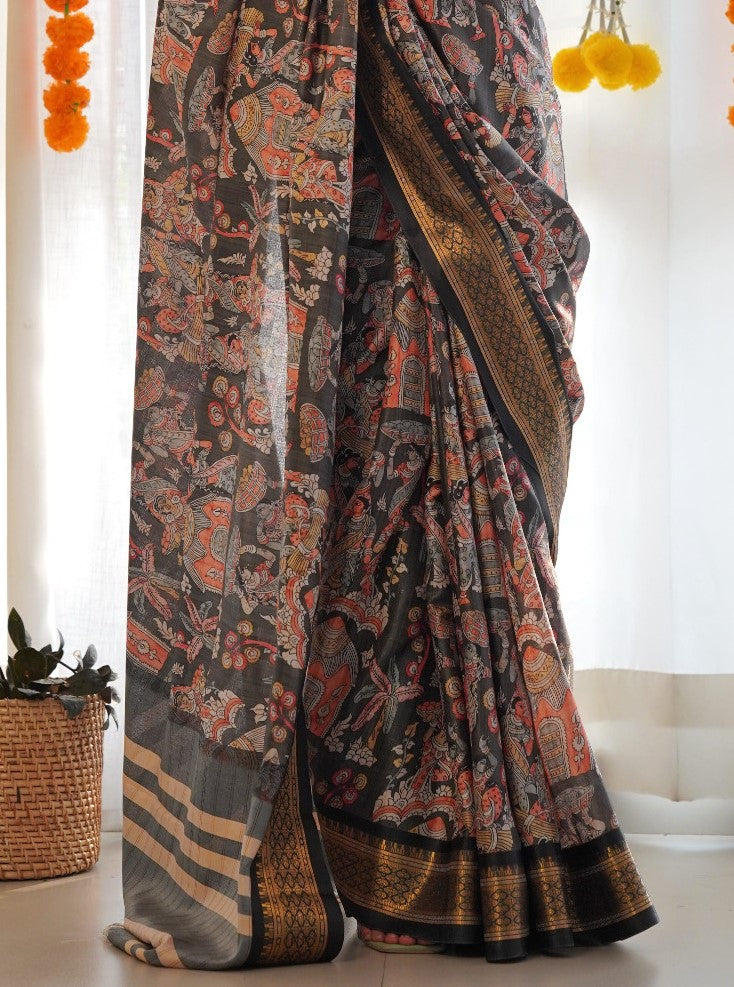Multicolor Printed Silk Saree