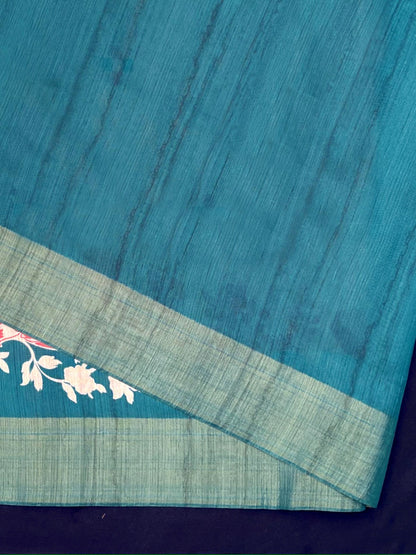 Multicolor With Blue Border Tussar Silk Saree