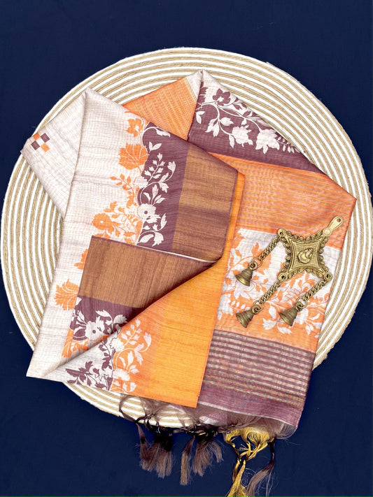 Multicolor With Carrot Orange Border Tussar Silk Saree