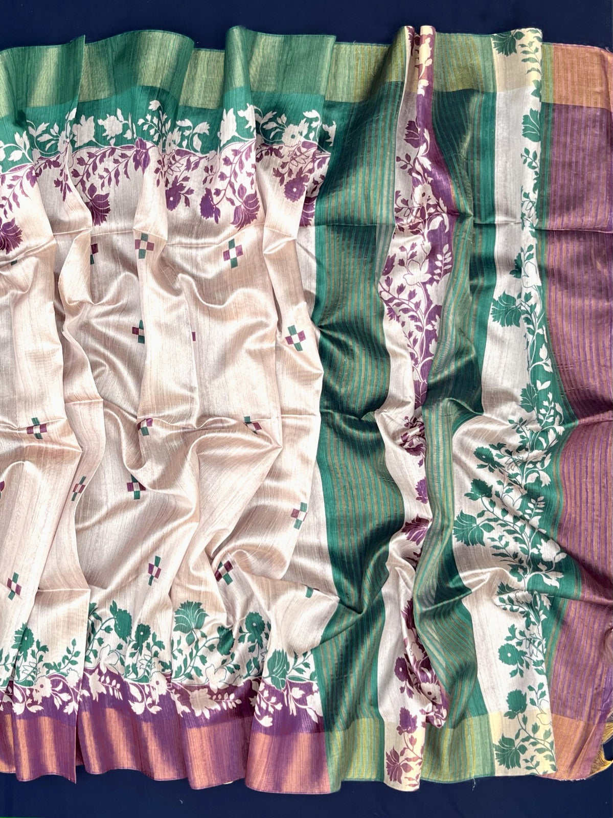 Multicolor With Green Border Tussar Silk Saree