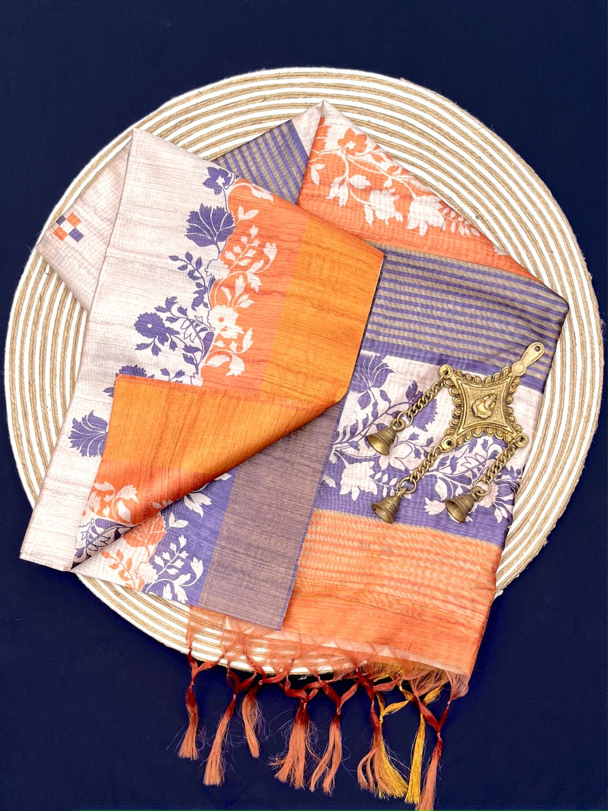 Multicolor With Orange Border Tussar Silk Saree