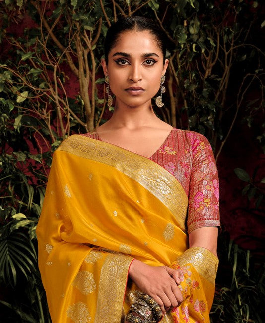 Mustard Yellow Woven Banarasi Mulberry Silk Saree