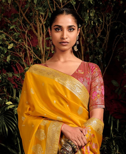 Mustard Yellow Woven Banarasi Mulberry Silk Saree