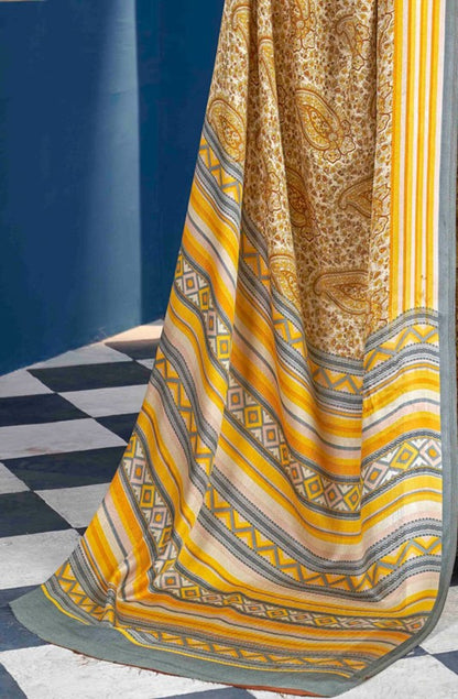 Mustard Yellow Dabu Pashmina Silk Saree