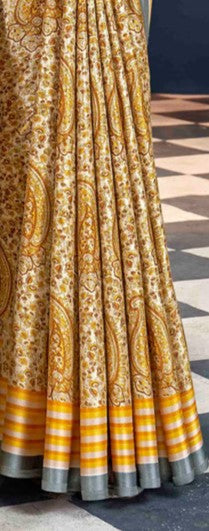Mustard Yellow Dabu Pashmina Silk Saree