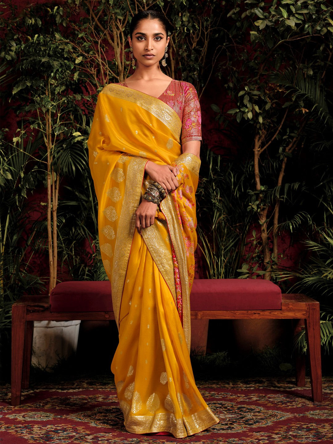 Mustard Yellow Woven Banarasi Mulberry Silk Saree